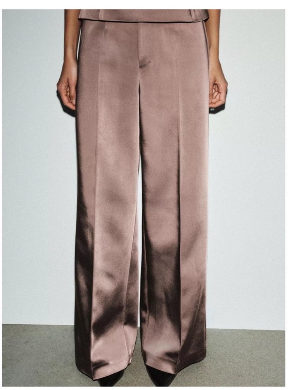 Zara Satin Wide-Leg High-Waist Pants in Taupe